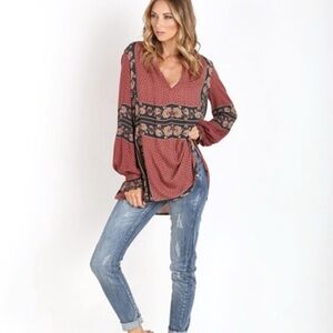 Free People Burgundy and Black Floral Long Sleeve Dress